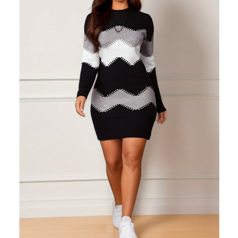 Mid-length Short Skirt Round Neck Long Sleeve Printed Knitted Sheath Dress Woozy Store