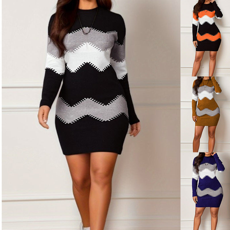 Mid-length Short Skirt Round Neck Long Sleeve Printed Knitted Sheath Dress Woozy Store