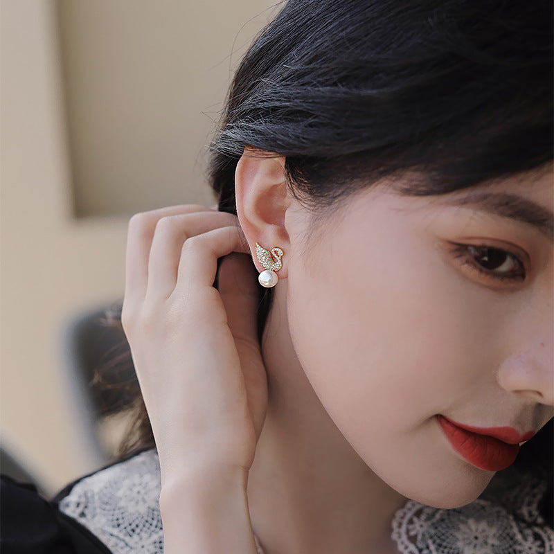Sterling Silver Needle Korean Swan Zircon Pearl Stud Earrings Woozy Store