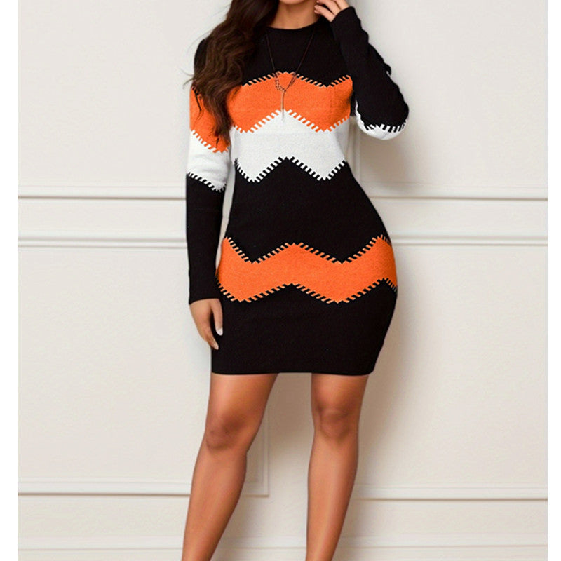 Mid-length Short Skirt Round Neck Long Sleeve Printed Knitted Sheath Dress Woozy Store