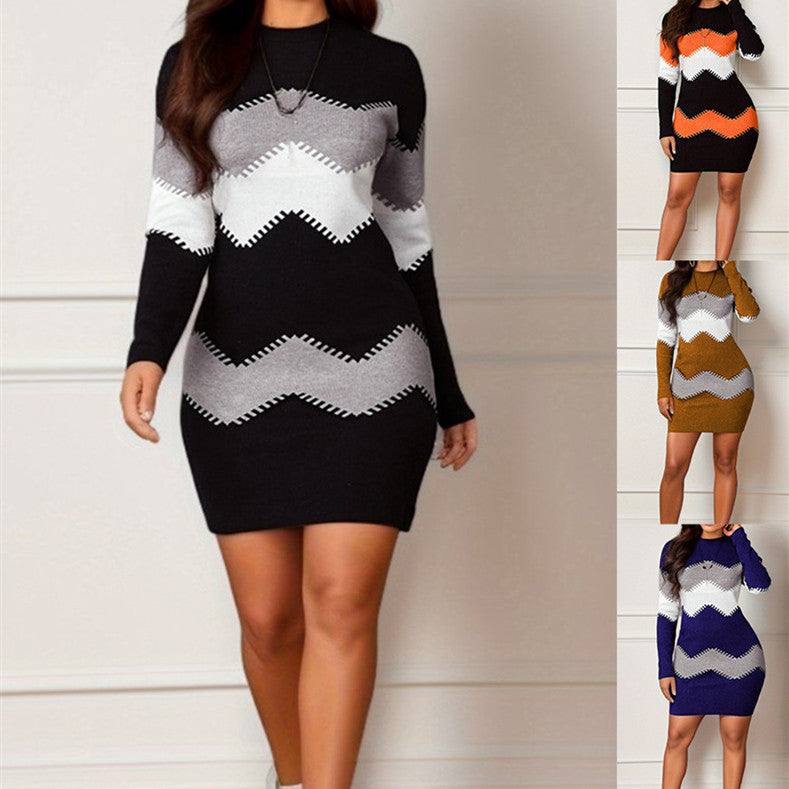 Mid-length Short Skirt Round Neck Long Sleeve Printed Knitted Sheath Dress Woozy Store