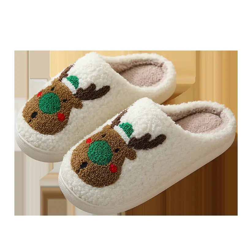 Christmas Reindeer Cotton Slippers for Couples - Cute Cartoon Design, Non-Slip, and Warm for Autumn and Winter Woozy Store