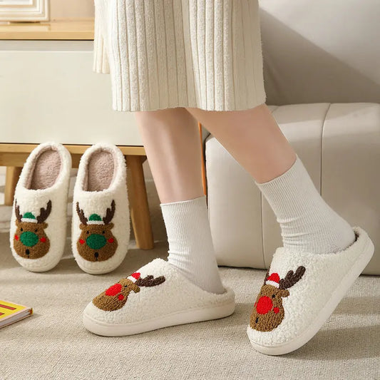 Christmas Reindeer Cotton Slippers for Couples - Cute Cartoon Design, Non-Slip, and Warm for Autumn and Winter Woozy Store