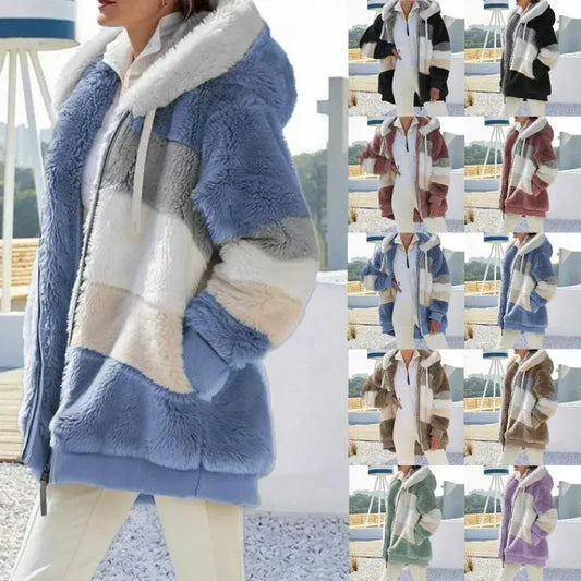 Oversized Jacket for Women 2023 New Autumn Winter Warm Plush Pocket Hooded Streetwear Loose Lady Outerwear Coat Roupas Feminina - Woozy Store