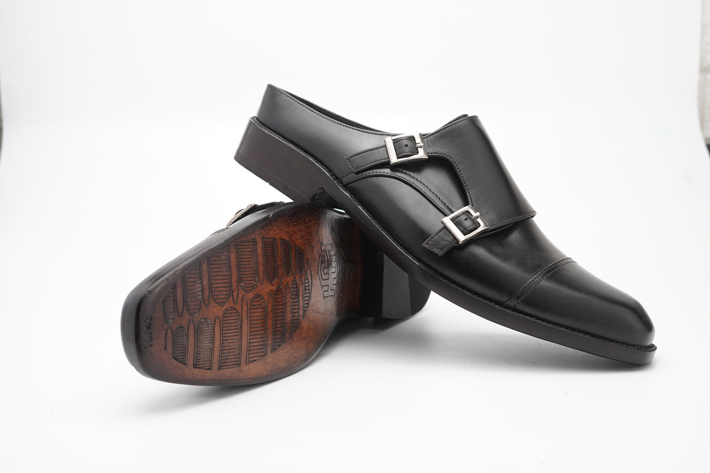 Black backless Double Buckle loafer Slip On Mule Custom Made-To-Order Shoes Premium Quality Handmade using Full Grain Aniline Leather Woozy Store