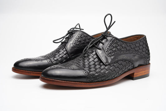 Cap Toe Derby Brogue leather  Shoes for men made using Hand woven black aniline Woozy Store