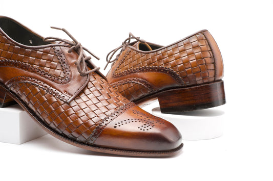 Real Handmade Cap Toe Derby Brogue Leather Shoes for men made of Hand Woven crust Leather Woozy Store