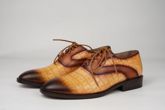 Hand Dyed Patina On Crocodile leather Plain Oxford Shoes, Hand Welted Made of full Grain Natural Crust leather Woozy Store