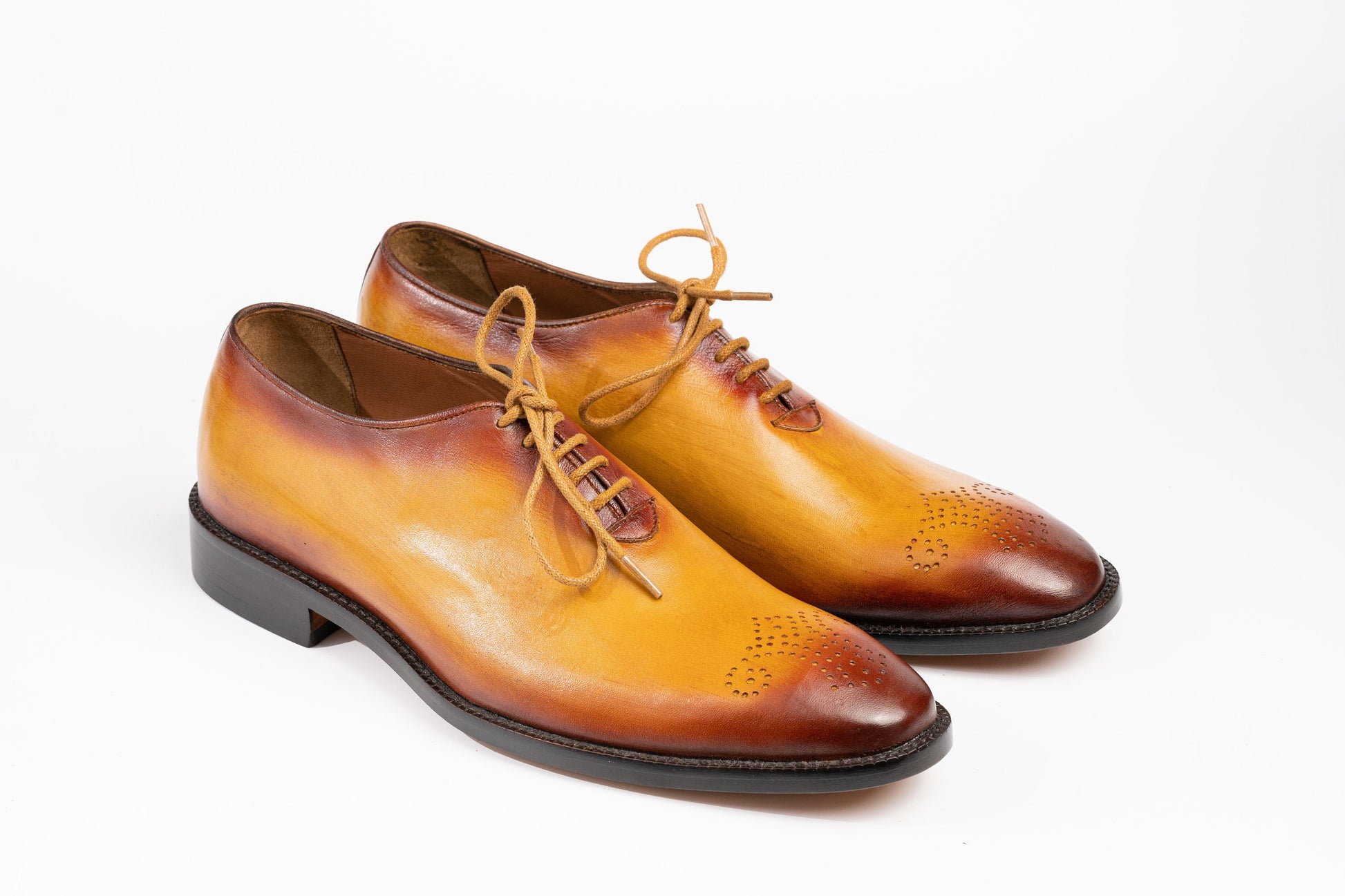 Handmade Tan Whole Cut Oxfords - Vegetable Tan Leather, Hand-Dyed Patina Finish, 1" Stacked Heel, Goat Leather Lining Luxury Made To Order Woozy Store