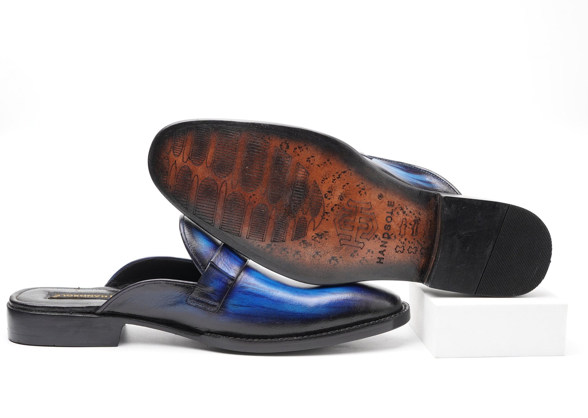 One Piece Royal Blue With Bow backless loafer Slip On Mule Custom Made-To-Order Shoes Premium Quality Handmade With Patina Finish Woozy Store
