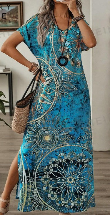 Women’s Vintage Floral Print Maxi Dress  Boho V-Neck Long Summer Dress with Batwing Sleeves & Side Slit, Casual Beach Holiday Outfit Woozy Store