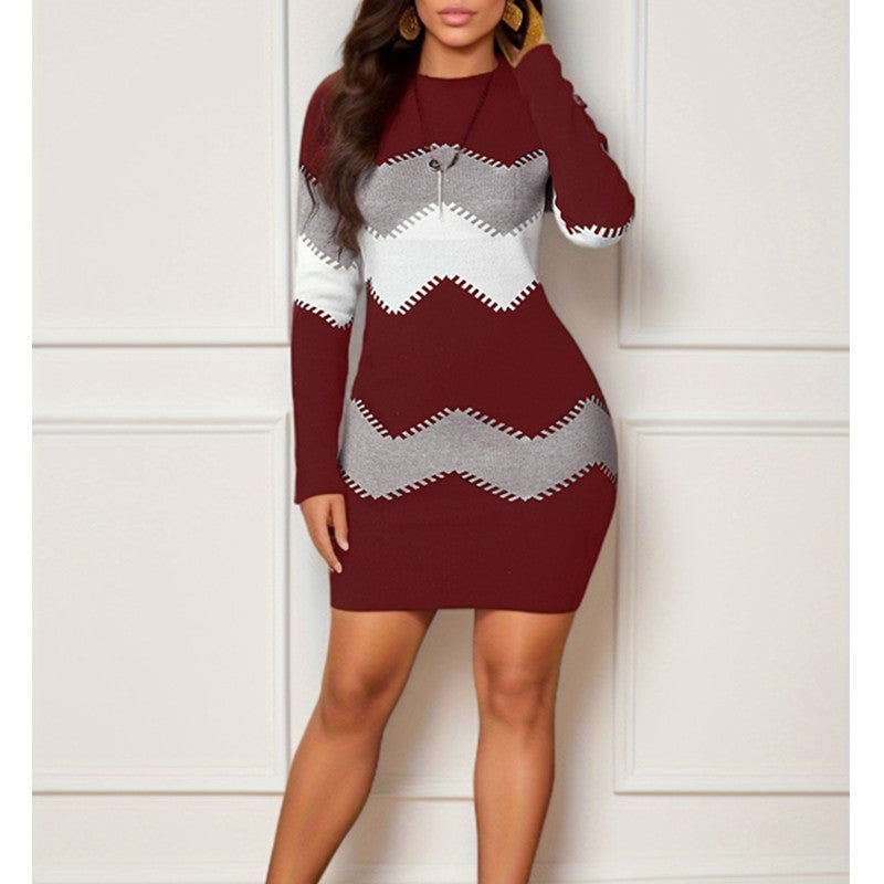 Mid-length Short Skirt Round Neck Long Sleeve Printed Knitted Sheath Dress Woozy Store