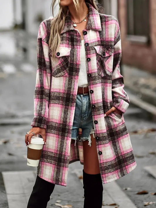 Vintage Plaid Long Cardigan Shirt Jacket  Oversized Women’s Shacket with Pockets Woozy Store