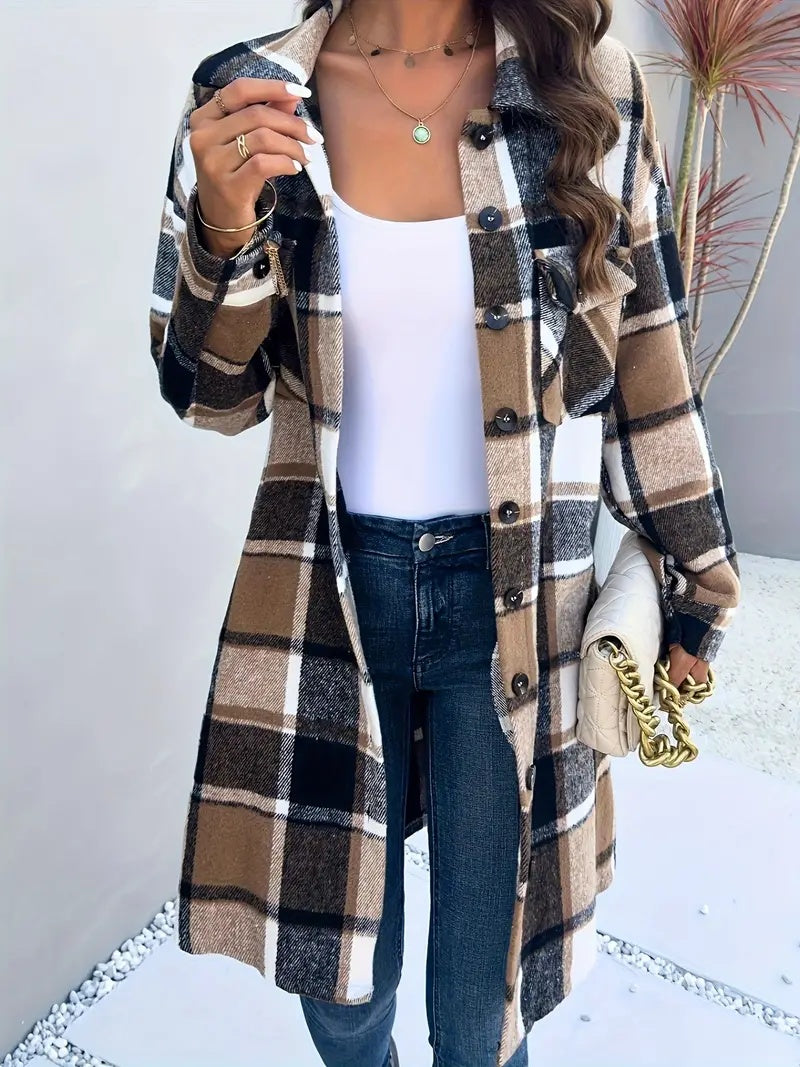Vintage Plaid Long Cardigan Shirt Jacket  Oversized Women’s Shacket with Pockets Woozy Store