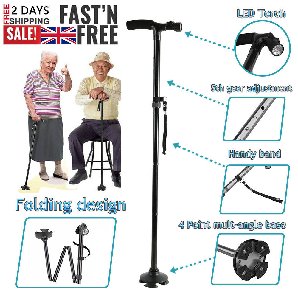 Collapsible LED Walking Cane Adjustable Foldable Safety Stick with Light, Ergonomic Handle & Non-Slip Base for Travel, Hiking, and Everyday Support Woozy Store