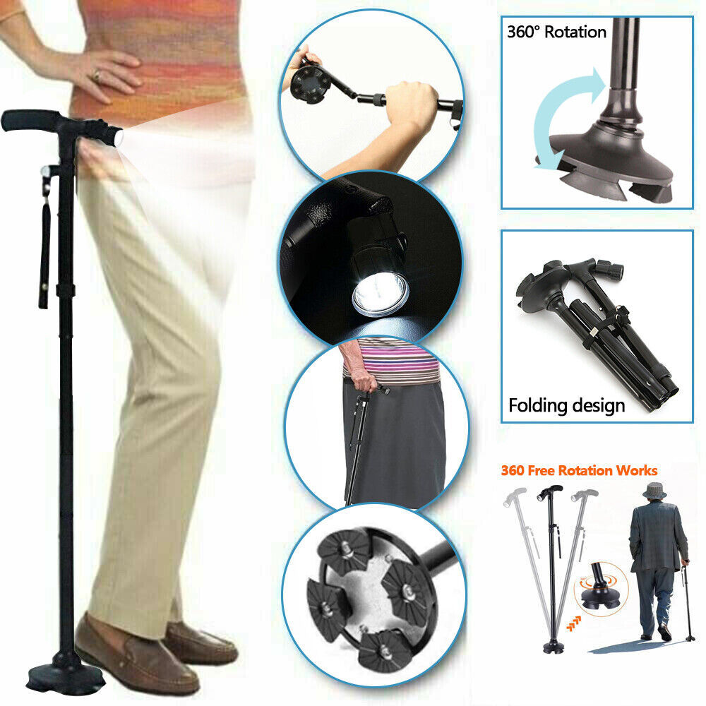 Collapsible LED Walking Cane Adjustable Foldable Safety Stick with Light, Ergonomic Handle & Non-Slip Base for Travel, Hiking, and Everyday Support Woozy Store