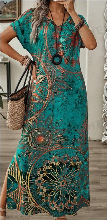 Women’s Vintage Floral Print Maxi Dress  Boho V-Neck Long Summer Dress with Batwing Sleeves & Side Slit, Casual Beach Holiday Outfit Woozy Store