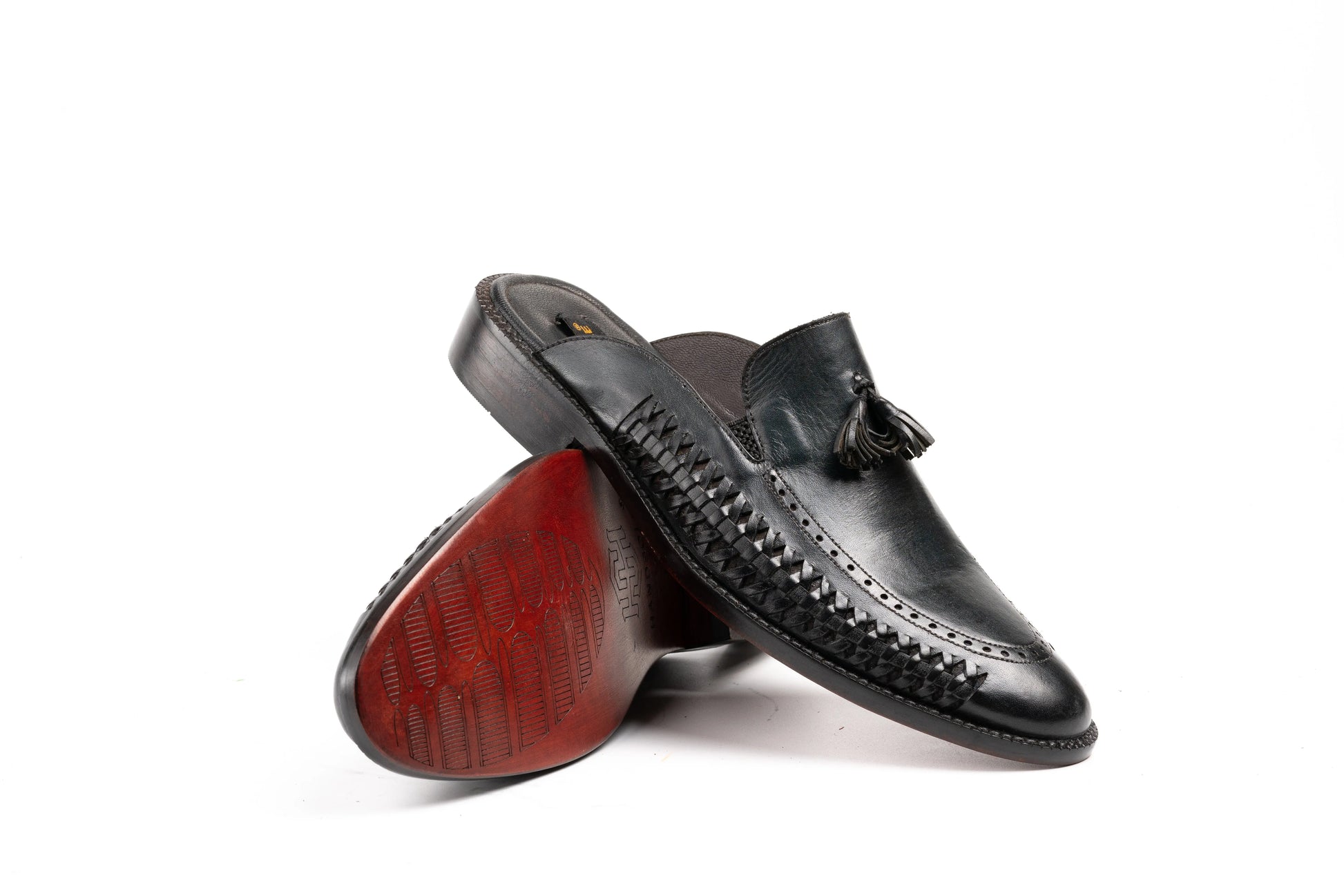 Hand Woven Handmade Men Real Leather Mule with tassels Made-To-Order Black, Blue, Red Color Premium Quality Leather Backless Mule - Woozy Store