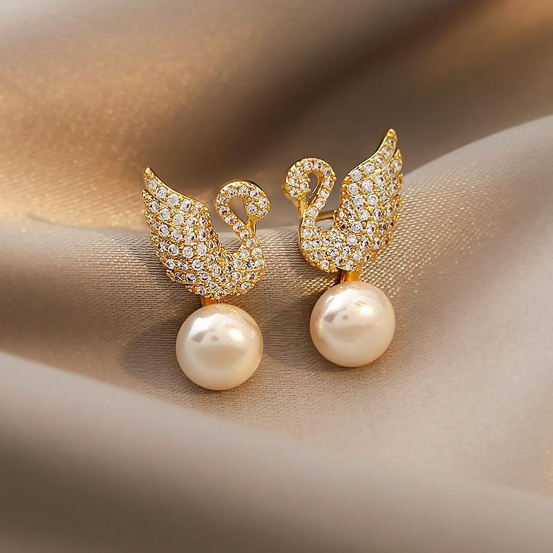 Sterling Silver Needle Korean Swan Zircon Pearl Stud Earrings Woozy Store