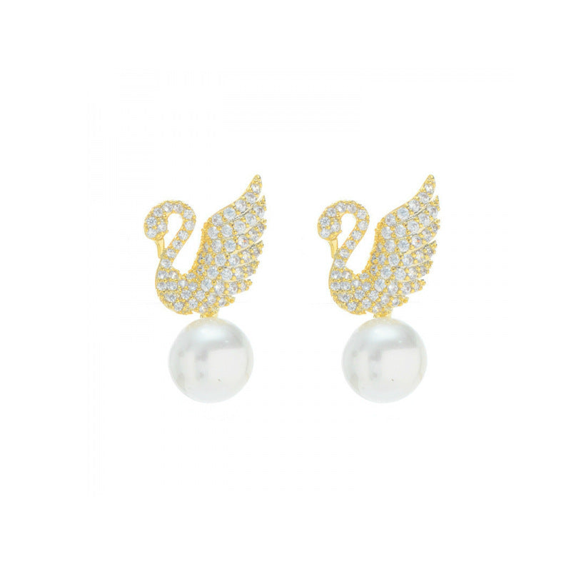 Sterling Silver Needle Korean Swan Zircon Pearl Stud Earrings Woozy Store