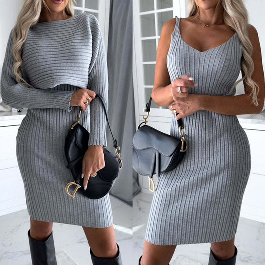 2pcs Suit Women's Solid Stripe Long-sleeved Top And Tight Suspender Skirt Fashion Autumn Winter Slim Clothing Woozy Store