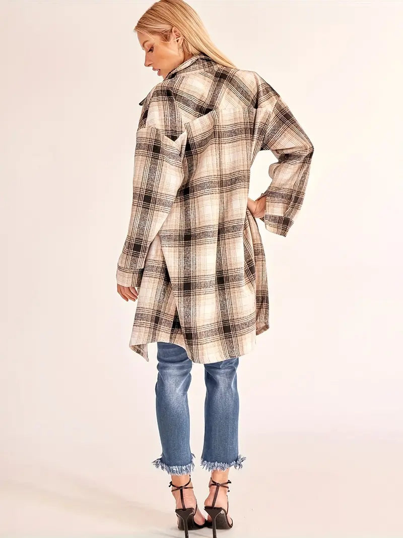 Vintage Plaid Long Cardigan Shirt Jacket  Oversized Women’s Shacket with Pockets Woozy Store