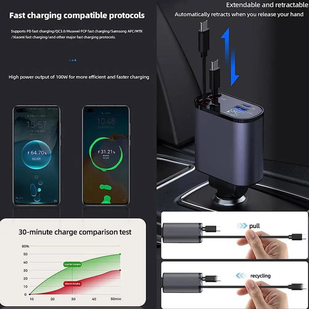 100W 4 IN 1 Retractable Car Charger USB Type C Cable For IPhone Samsung Fast Charge Cord Cigarette Lighter Adapter X4W3 Woozy Store