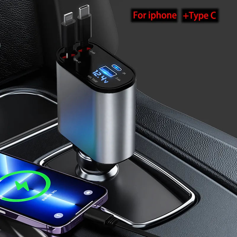 100W 4 IN 1 Retractable Car Charger USB Type C Cable For IPhone Samsung Fast Charge Cord Cigarette Lighter Adapter X4W3 Woozy Store