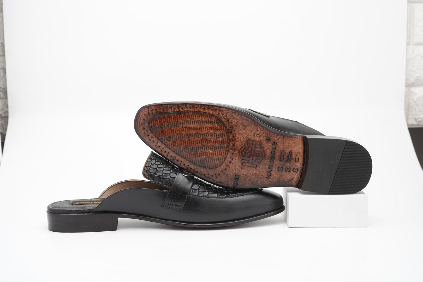 Medallion Black alligator/aniline Backless Slip On Mule Custom Made-To-Order Shoes  Premium Quality Handmade Woozy Store