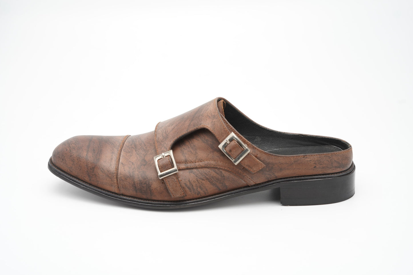 Brown marble patina double Buckle Slip on Mule made using Premium Quality Oily Pull-Up Leather Custom Made-To-Order Shoes Real Handmade Woozy Store