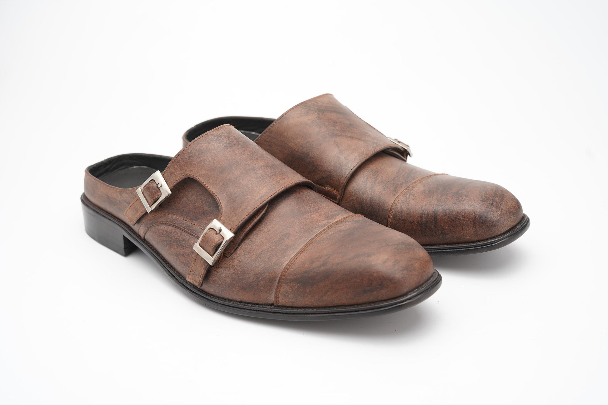 Brown marble patina double Buckle Slip on Mule made using Premium Quality Oily Pull-Up Leather Custom Made-To-Order Shoes Real Handmade Woozy Store