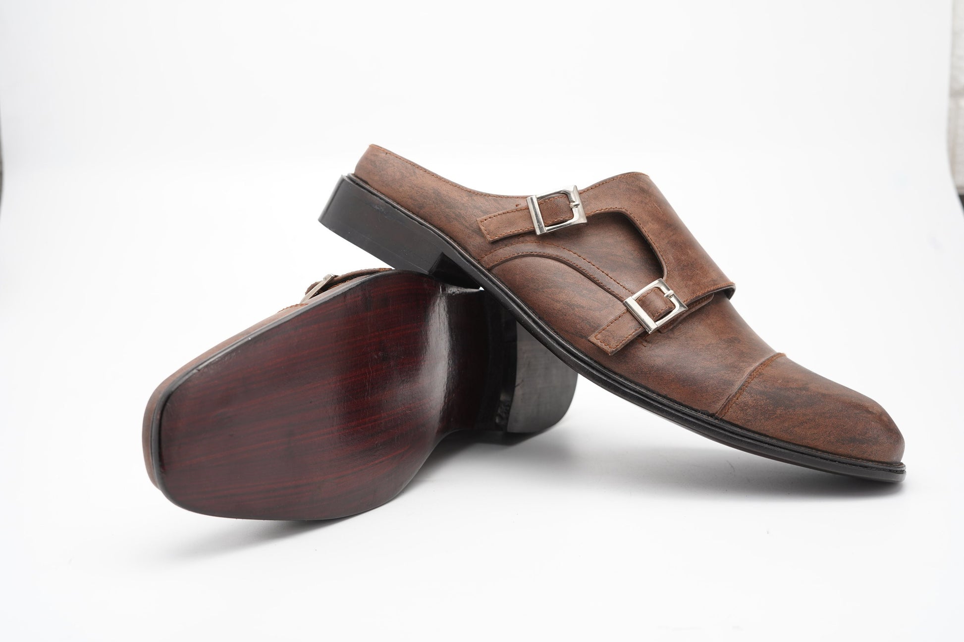 Brown marble patina double Buckle Slip on Mule made using Premium Quality Oily Pull-Up Leather Custom Made-To-Order Shoes Real Handmade Woozy Store