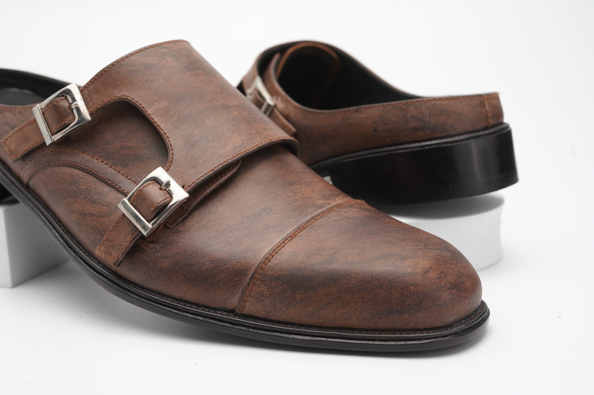 Brown marble patina double Buckle Slip on Mule made using Premium Quality Oily Pull-Up Leather Custom Made-To-Order Shoes Real Handmade Woozy Store