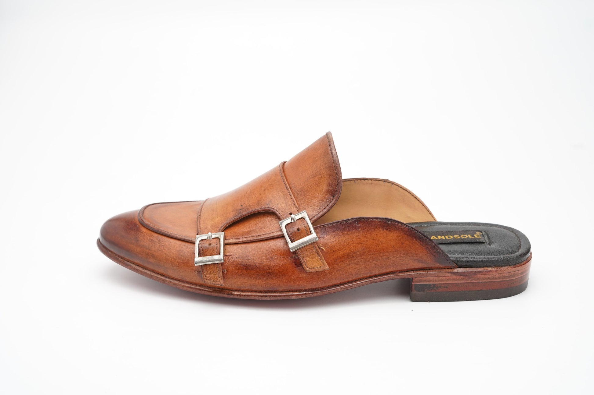 Tan Double Buckle Monk Backless Slip-On Mule Custom Made-To-Order Shoes  Premium Quality Handmade Woozy Store