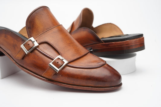Tan Double Buckle Monk Backless Slip-On Mule Custom Made-To-Order Shoes  Premium Quality Handmade Woozy Store