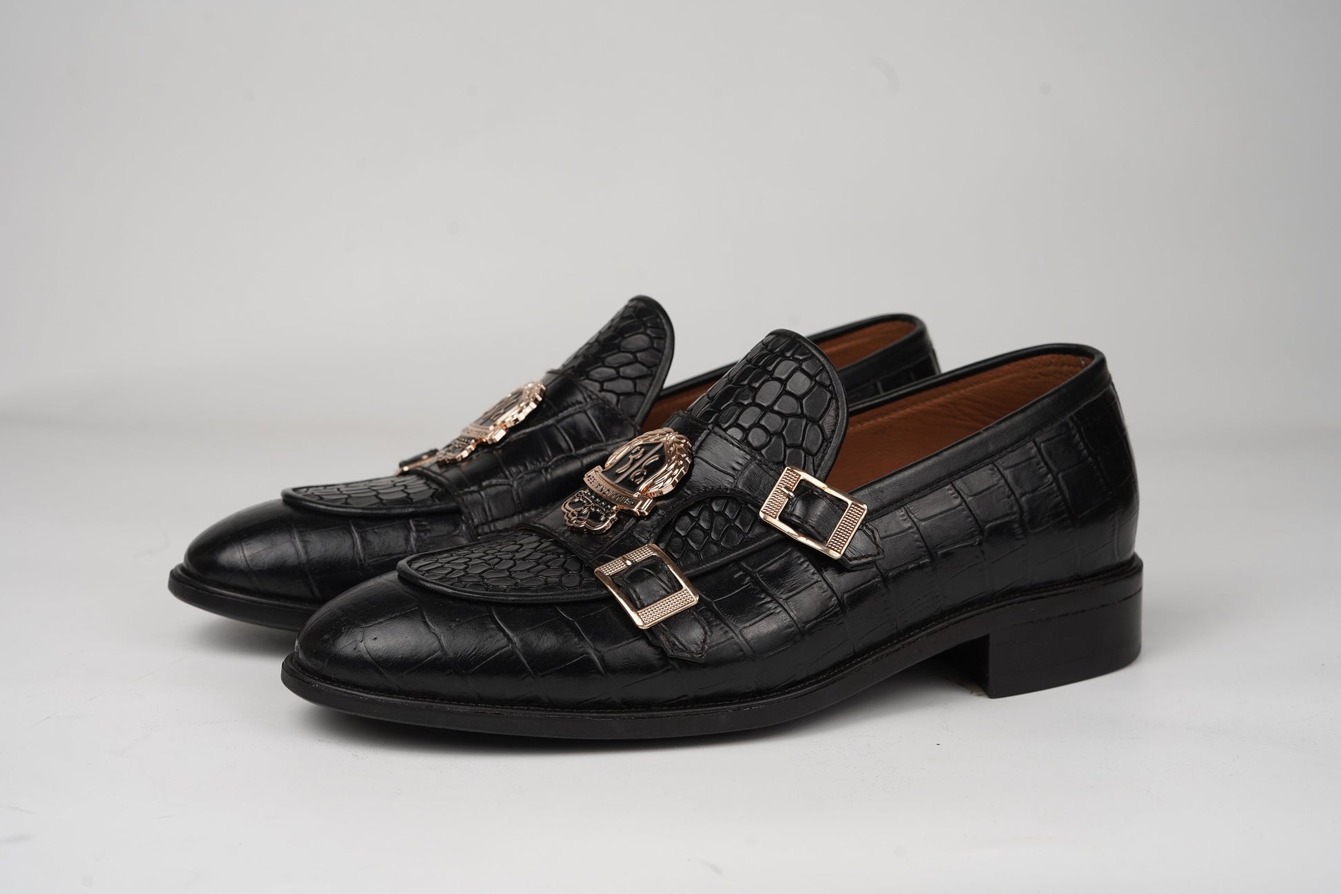 Black Double Buckle Loafer made using embossed Crocodile leather Custom Made-To-Order Shoes  Premium Quality Handmade Woozy Store