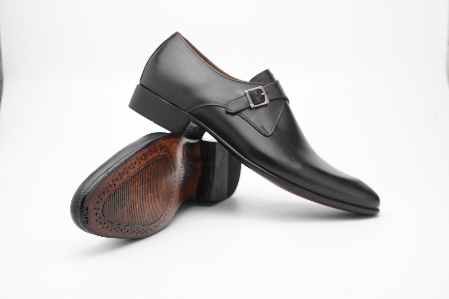 Real handmade Single buckle monk Strap in Black Made of full grain Aniline leather Woozy Store
