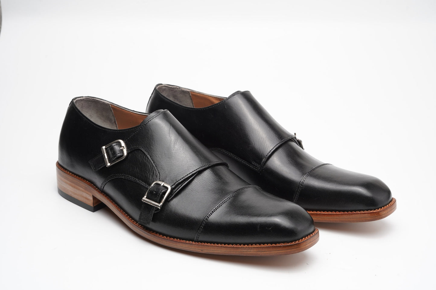 Black Double Buckle Cap Toe Monk Custom Made-To-Order Shoes  Premium Quality Handmade Woozy Store