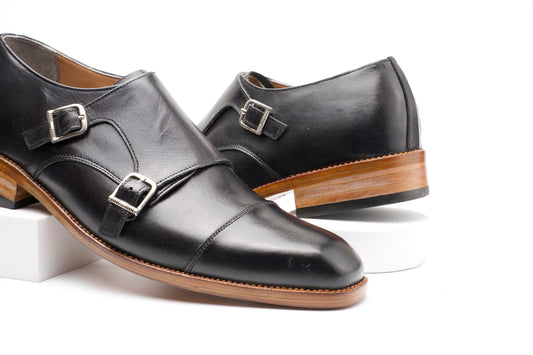 Black Double Buckle Cap Toe Monk Custom Made-To-Order Shoes  Premium Quality Handmade Woozy Store