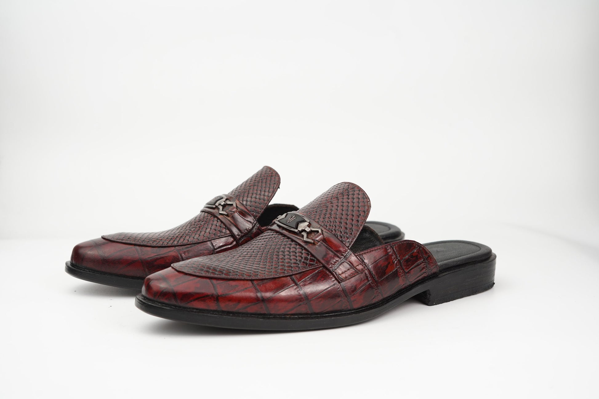 Brown and Red Crocodile and lizard pattern Cow leather Backless mule with buckle Woozy Store
