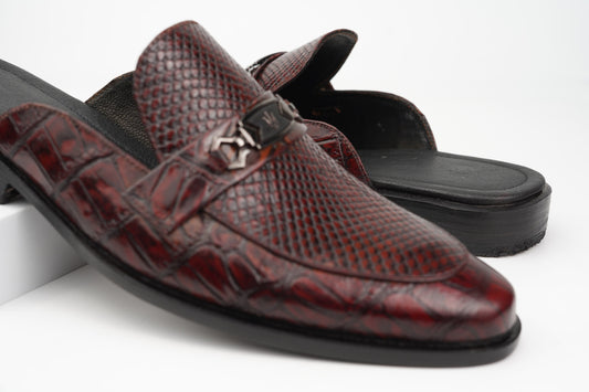 Brown and Red Crocodile and lizard pattern Cow leather Backless mule with buckle Woozy Store