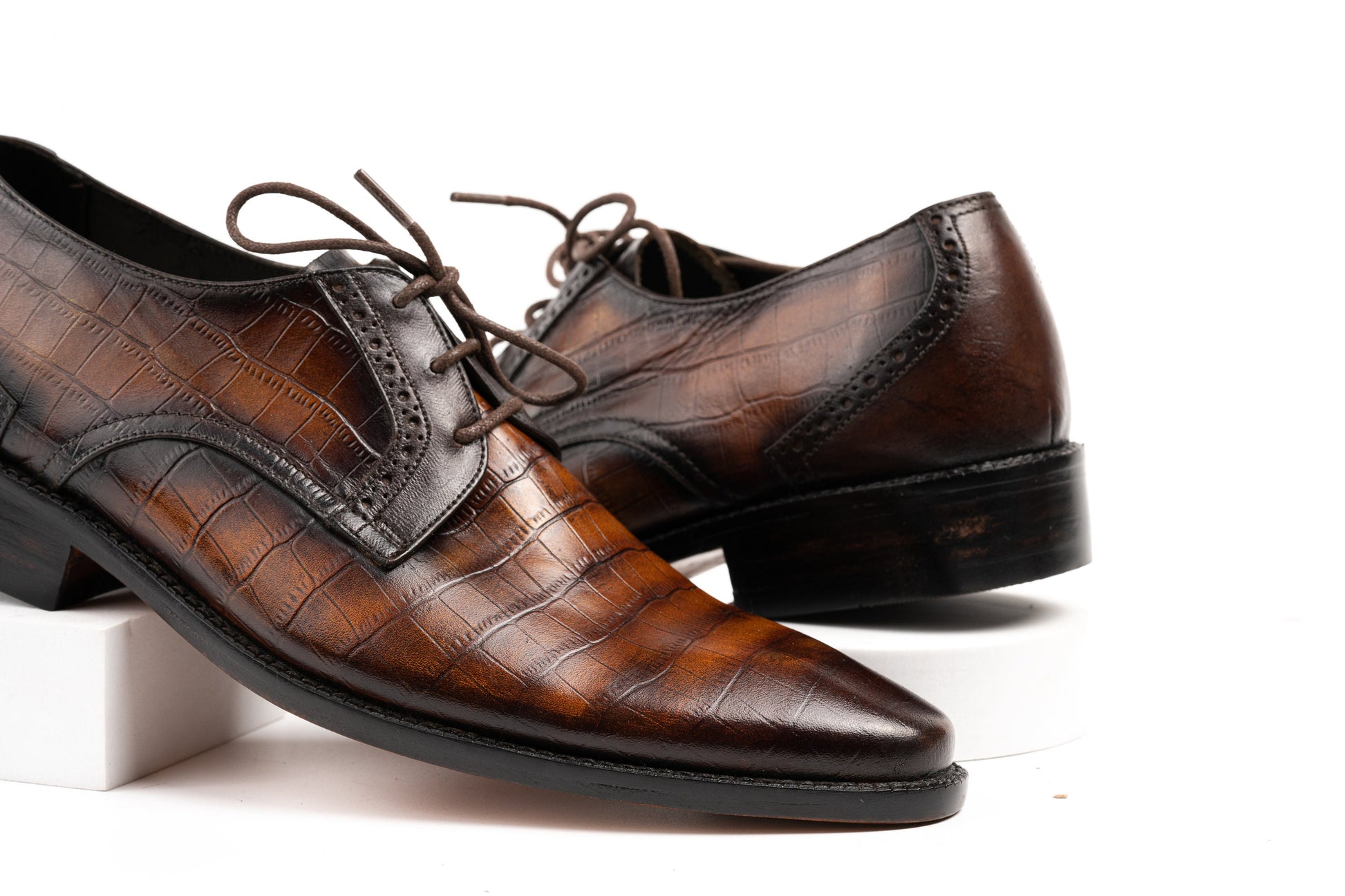 Two Tone Hand Dyed Patina Crocodile Leather Derby Shoes Woozy Store