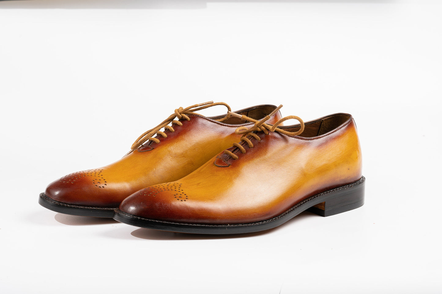 Handmade Tan Whole Cut Oxfords - Vegetable Tan Leather, Hand-Dyed Patina Finish, 1" Stacked Heel, Goat Leather Lining Luxury Made To Order Woozy Store