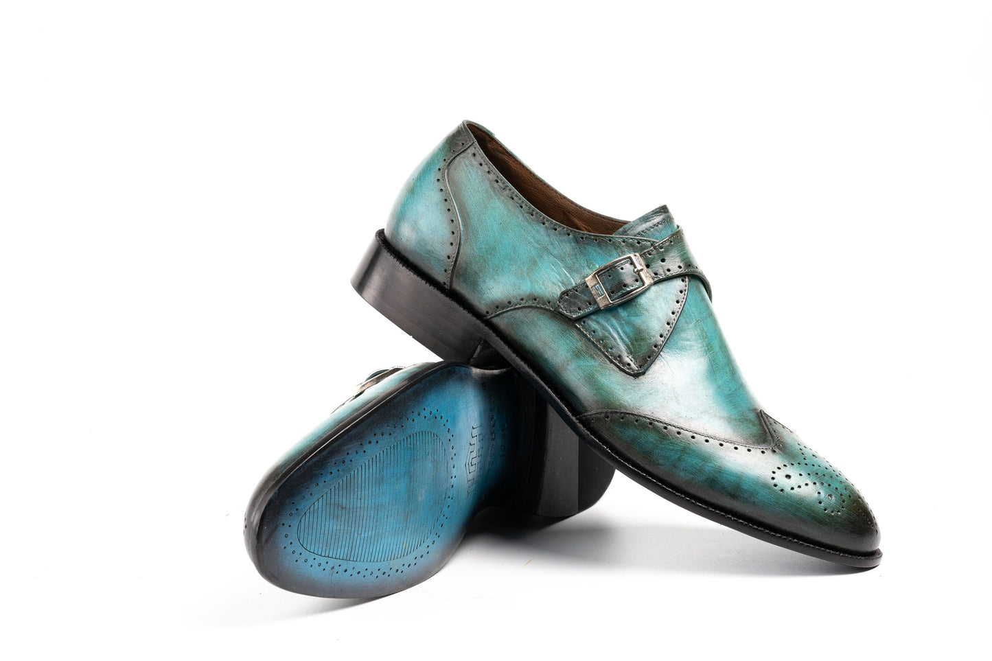 Turquoise Colored Single buckle Wingtip Monk Strap Patina Shoes Made using Crust Leather with Hand Dye Finish Woozy Store