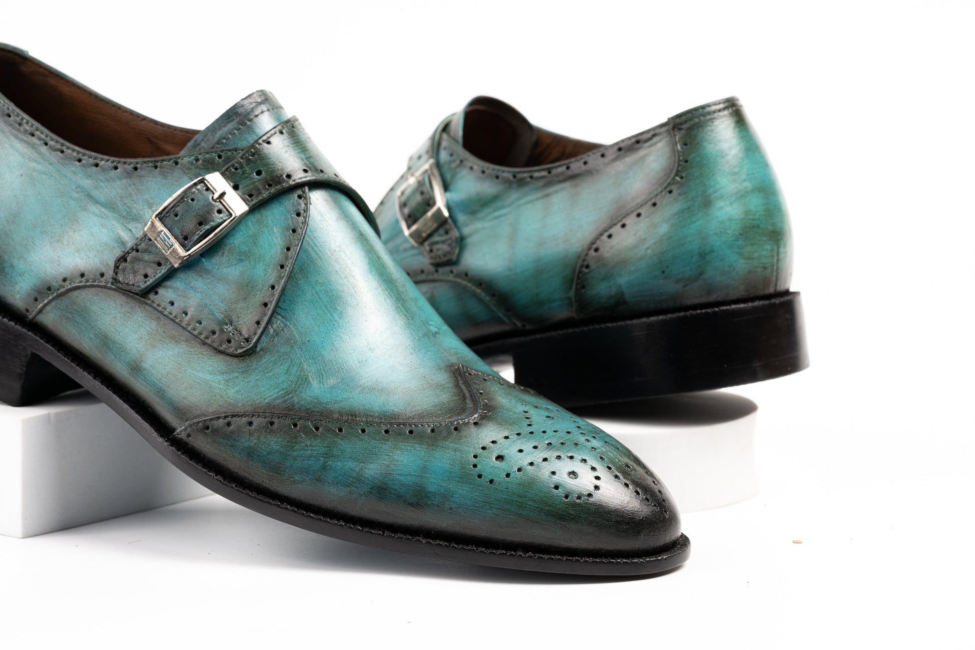 Turquoise Colored Single buckle Wingtip Monk Strap Patina Shoes Made using Crust Leather with Hand Dye Finish Woozy Store