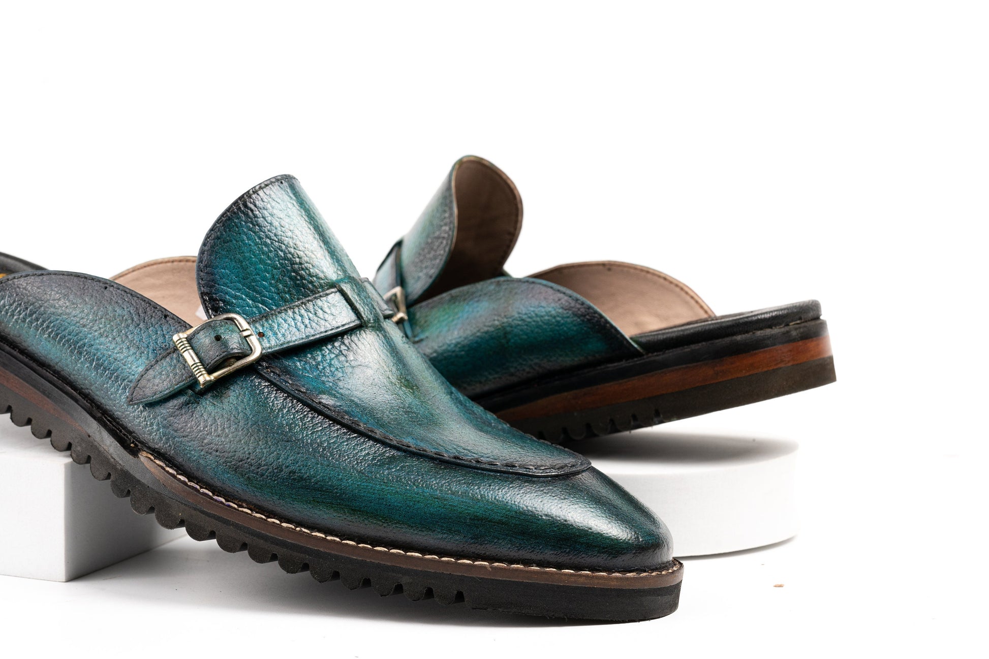 Green Hand burnished tassel Backless Slip-On Mule Custom Made-To-Order Shoes  Premium Quality Handmade Woozy Store