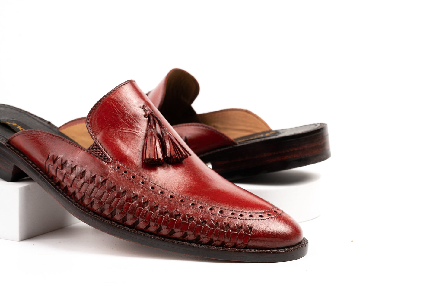 Oxblood or any Color of Your Choice Whole Cut hand weave loafer Backless Slip On Mule Cow Crust Leather Custom Made-To-Order Shoes Woozy Store